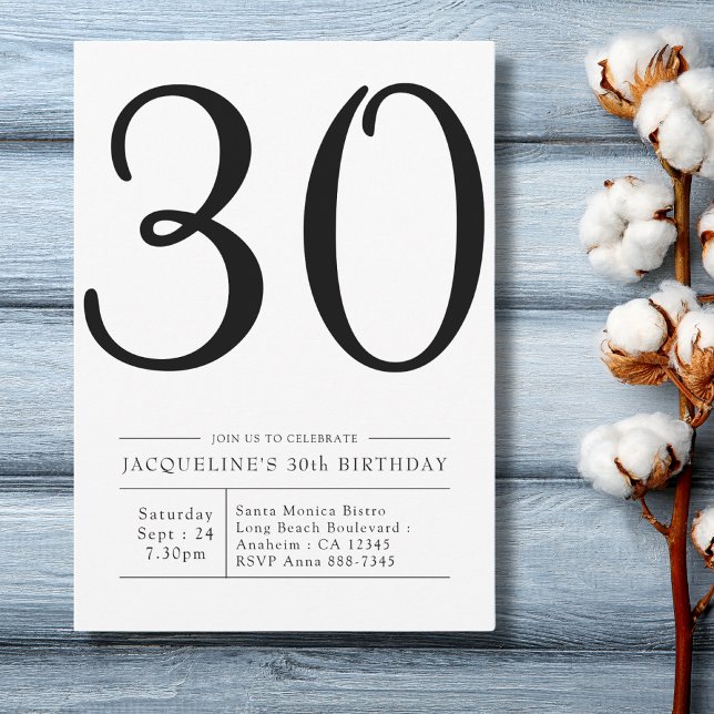 Elegantes 30. Geburtstag Einfaches Party Einladung (modern simple black and white 30th birthday invitation on a blue wood background.)