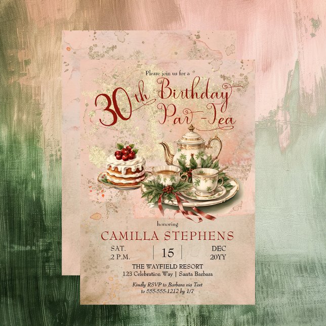 Elegantes 30. Geburtstag Par-Tea Party Einladung (Elegant Winter Floral Tea Set Holly and Berries 30th Birthday Par-Tea Party Invitation)