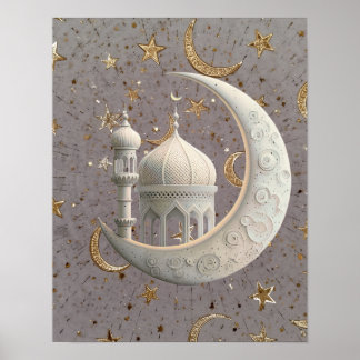 Elegantes 3D-Weiß-Halbmond- und Moschee-Ramadan-De Poster
