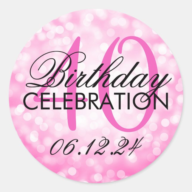 Elegantes 40. Geburtstag Party Pink Glitzer Lights Runder Aufkleber (Vorderseite)
