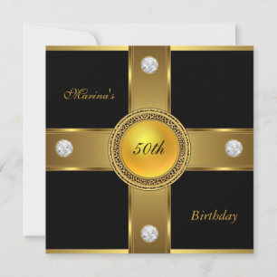 Elegantes 50. Geburtstags-Schwarz-Gold-Diamant-Sch Einladung