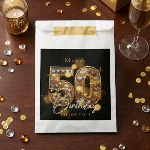 Elegantes 50. Geburtstags-Schwarz-Gold-Juwelen-Gla Geschenktütchen