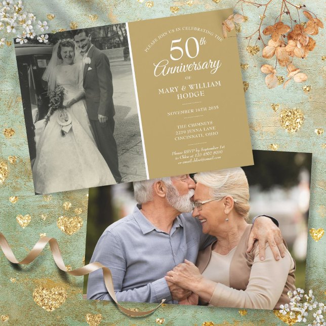 Elegantes 50. Goldenes Hochzeitstag 2 Foto Einladung (Elegant 50th Golden Wedding Anniversary 2 Photo Invitation)