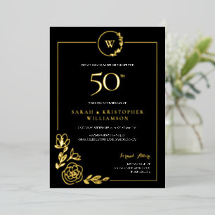 Elegantes 50. Hochzeitsjubiläum in Schwarz und Gol Folieneinladung