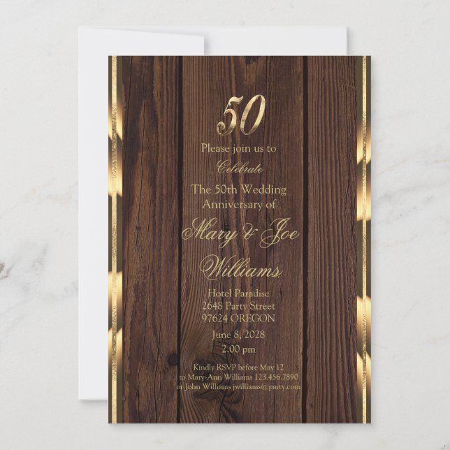 Elegantes 50. Hochzeitstag Gold Rustikales Holz Einladung (Rückseite)