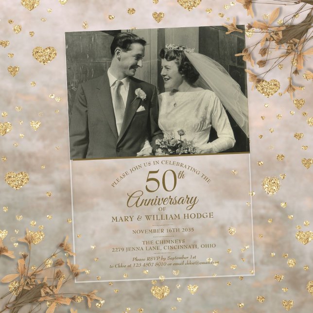 Elegantes 50-jähriges Gold Wedding Foto Acryleinladungen (Elegant 50th Anniversary Gold Wedding Photo Acrylic Invitations)