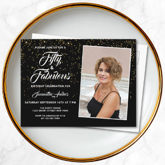 Elegantes 50 und fabelhaftes Black Gold Glitzer Fo Einladungspostkarte
