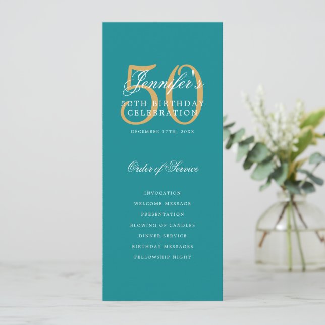 Elegantes 50th Program Gold Aquamarin Menu+Vielen  Einladung (Stehend Vorderseite)