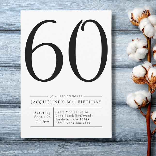 Elegantes, 60. Geburtstag schlichtes Party Einladung (Modern 60th Birthday Party Invitation in black and white on a blue wood plank background.)