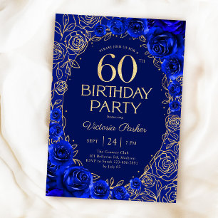 Elegantes 60. Geburtstags-Royalblau-Gold-Blumenmus Einladung