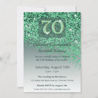 Elegantes 70. Geburtstags-Emeraldgrün-Glitter Einladung