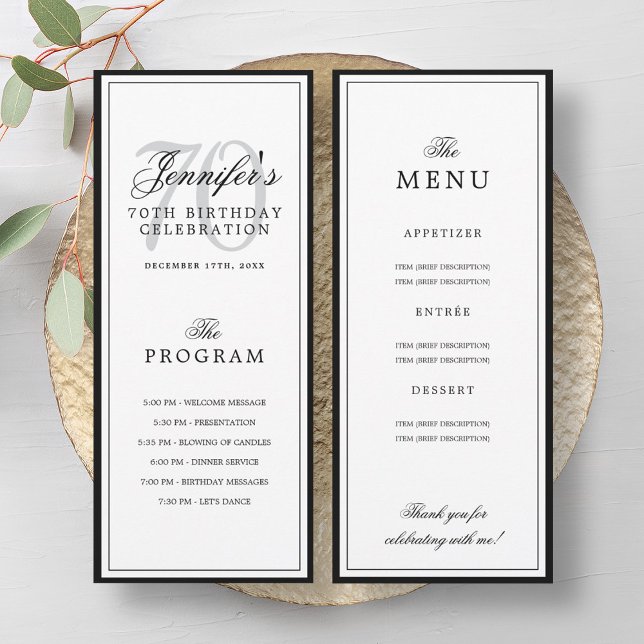 Elegantes 70. Geburtstagsfeier-Programm + Menü  Einladung (Elegant 70th Birthday Party Program + Menu )