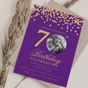 Elegantes 70. Geburtstagsfoto Gold-Purple Konfetti Einladung