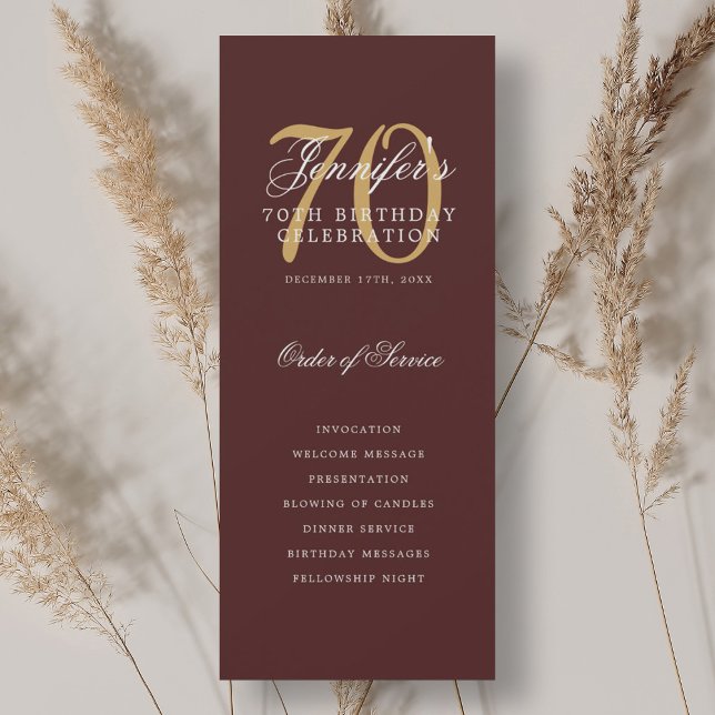 Elegantes 70. Geburtstagsparty Programm Burgundy G (Elegant 70th Birthday Party Program Burgundy Gold )