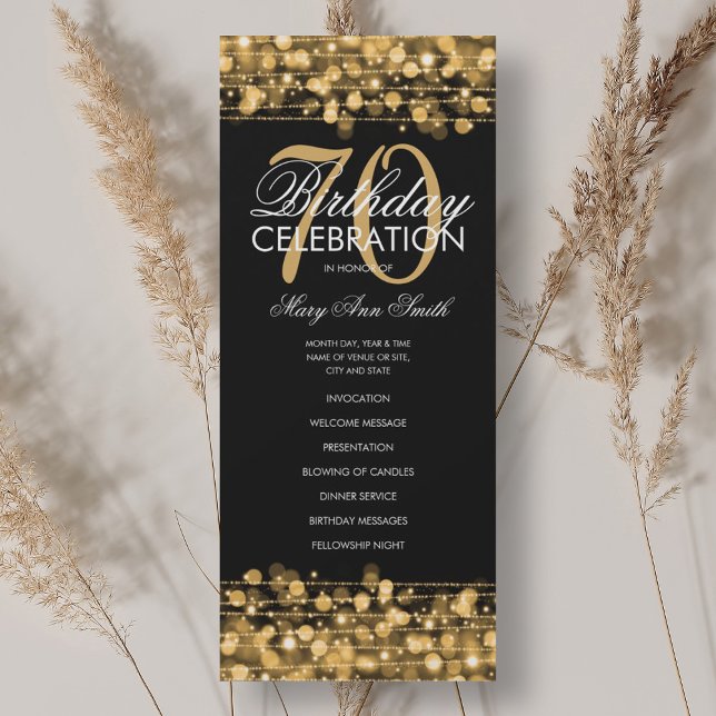 Elegantes 70. Geburtstagsparty-Programm Gold mit M Einladung (Elegant 70th Birthday Party Program Gold w/ Menu)
