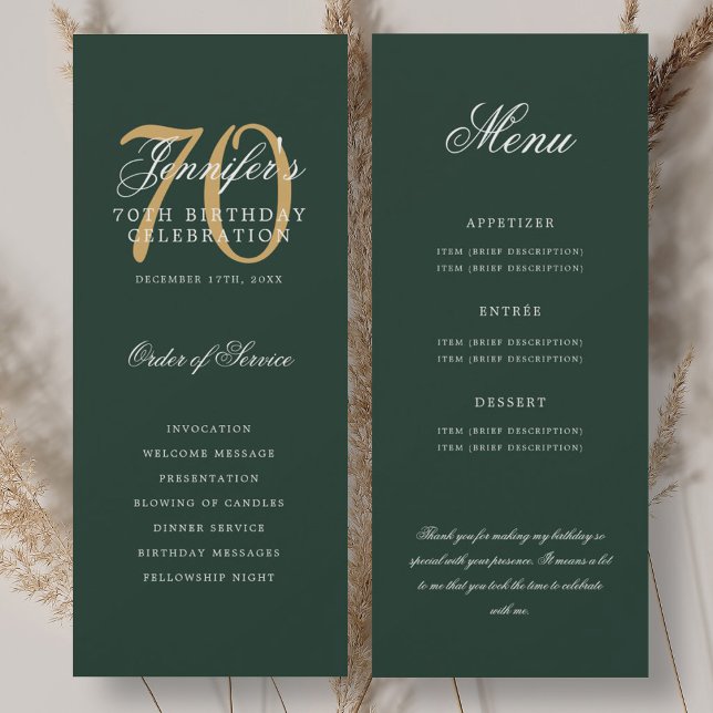 Elegantes 70. Gold Green Menü+Vielen Dank Einladung (Elegant 70th Program Gold Green Menu+Thank You)