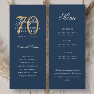 Elegantes 70er-Programm Gold-Navyblau-Menü + Danke Einladung