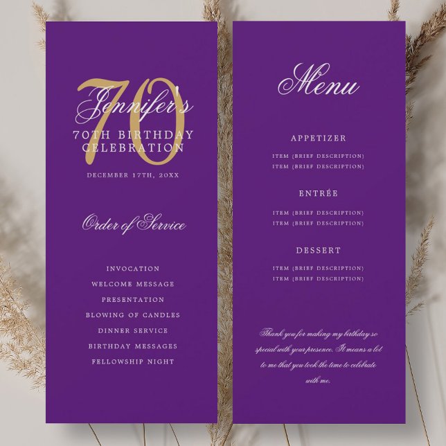 Elegantes 70th Program Gold Lila Menu+Vielen Dank Einladung (Elegant 70th Program Gold Purple Menu+Thank You)