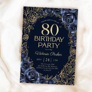 Elegantes 80. Geburtstags-Navyblau- und Gold-Blume Einladung