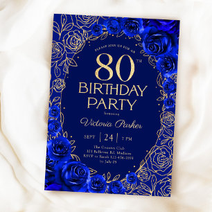 Elegantes 80. Geburtstags-Royalblau-Gold-Blumenmus Einladung