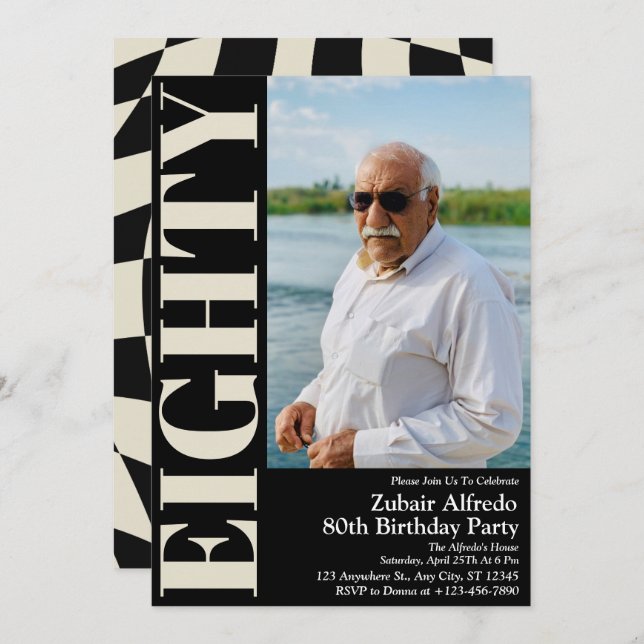 Elegantes 80. Geburtstagsparty Foto Einladung (Vorne/Hinten)