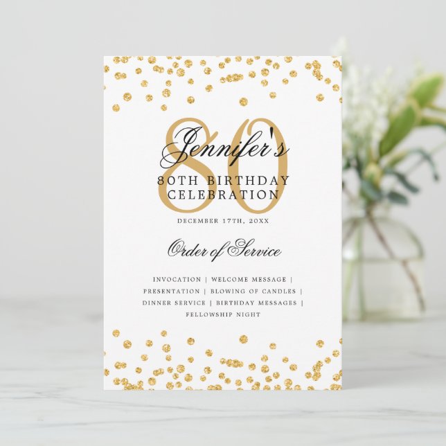 Elegantes 80. Geburtstagsparty-Menü Gold Einladung (Stehend Vorderseite)