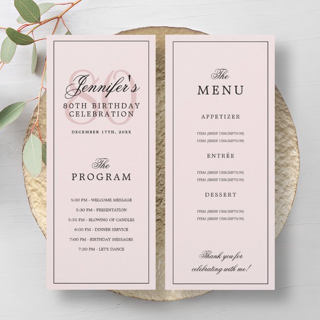 Elegantes 80. Geburtstagsprogramm Menü Rosenrot  Einladung (Elegant 80th Birthday Program Menu Blush Pink )