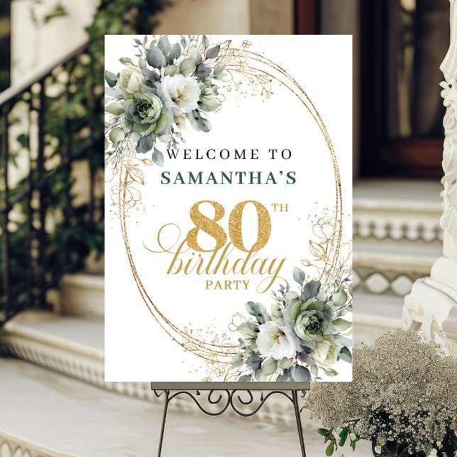 Elegantes 80. Wasserfarben-Grün-Willkommensposter Poster (Elegant 80th Watercolor Greenery Welcome Poster)