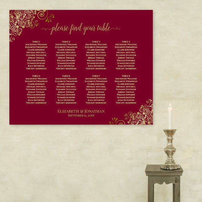Elegantes 8 Tisch Gold & Burgund Seating Chart Poster (On Wall)