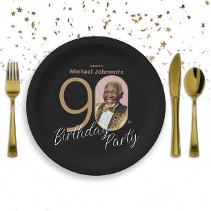 Elegantes 90. Geburtstag Black Gold Custom Foto Pappteller