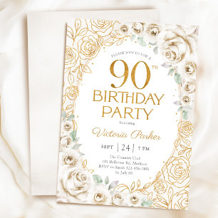 Elegantes 90. Geburtstags-Cream-Gold-Blumenmuster Einladung