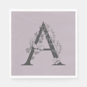 Elegantes A Boho-Blumenmonogramm Initial Lila Grau Serviette