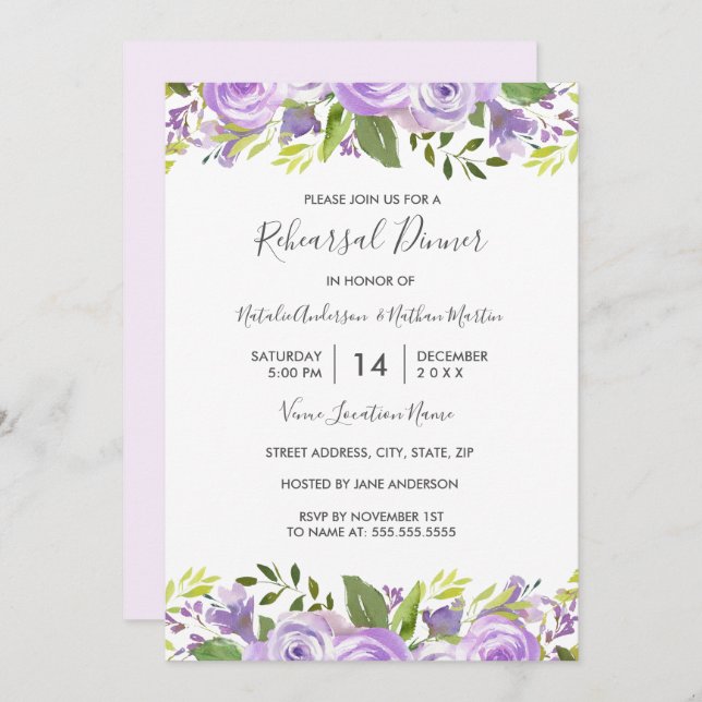 Elegantes Abendessen mit Lila floraler Probe Einladung (Vorne/Hinten)