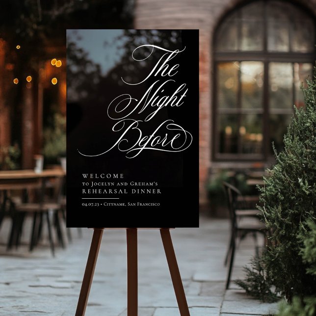 Elegantes Abendessen vor der Probe Willkommen Acrylschild (Black Rehearsal Dinner Welcome Sign)