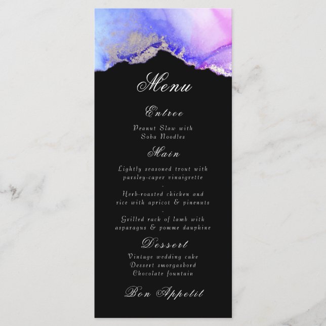 Elegantes Abstraktes Amethyst Black Wedding Menu Menükarte (Vorderseite)
