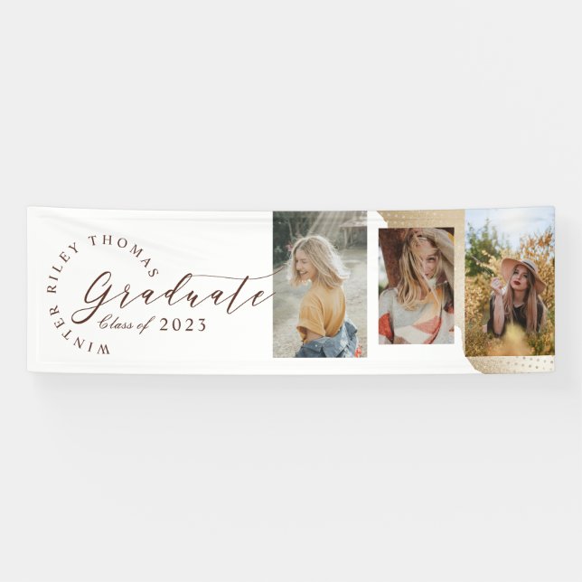 Elegantes Abstraktes Gold Polka Dot Grad Drei Foto Banner (Horizontal)