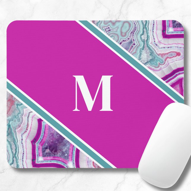 Elegantes Achat-Initial-Monogramm Mousepad (Girly Teal Purple Agate Stone Initial Monogram Mouse Pad)
