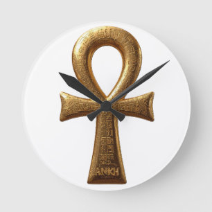Elegantes ägyptisches Ankh-Symbol-Wandkunstwerk Runde Wanduhr