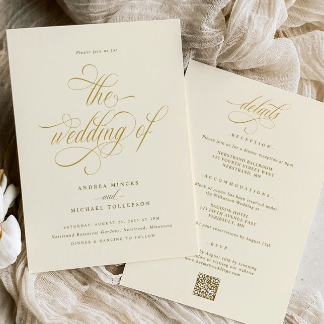 Elegantes All in One Wedding Cream Gold Wedding Einladung (Elegant Cream and Gold Calligraphy Wedding Invitations - Luxury Glam Swirly Gold Calligraphy)