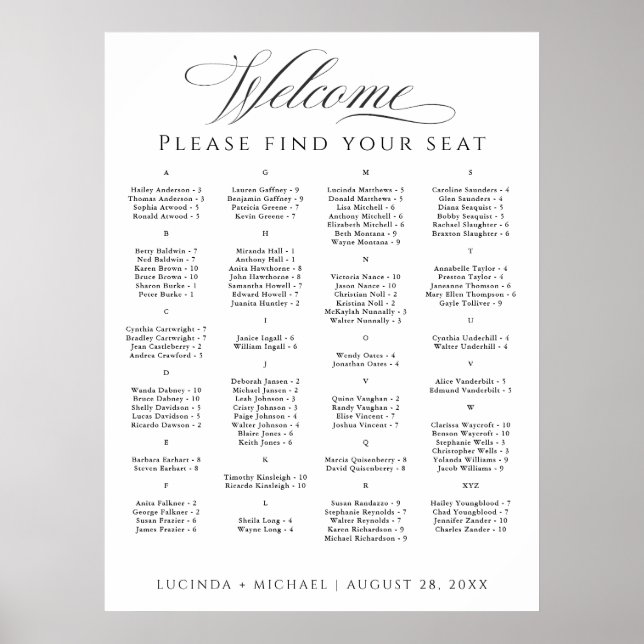 Elegantes Alphabetisches Seating Chart für 100 Gäs Poster (Vorne)