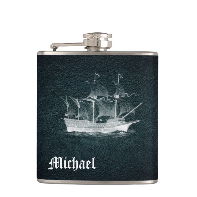 Elegantes altes Schiffsleder personalisiert Flachmann (Vorderseite)