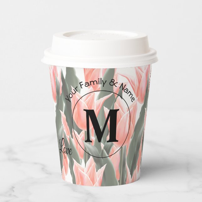 Elegantes Anstrich von Monogramm-Pfirsichfarben Pappbecher (Links)