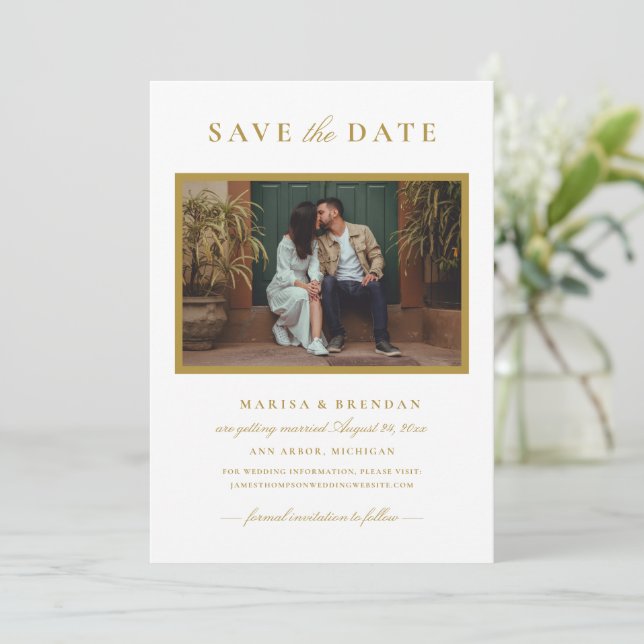 Elegantes antikes Gold Wedding Foto Save The Date (Stehend Vorderseite)