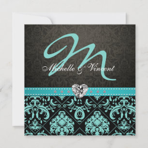 Elegantes Aqua-blaues/schwarzes Damast-Monogramm Einladung