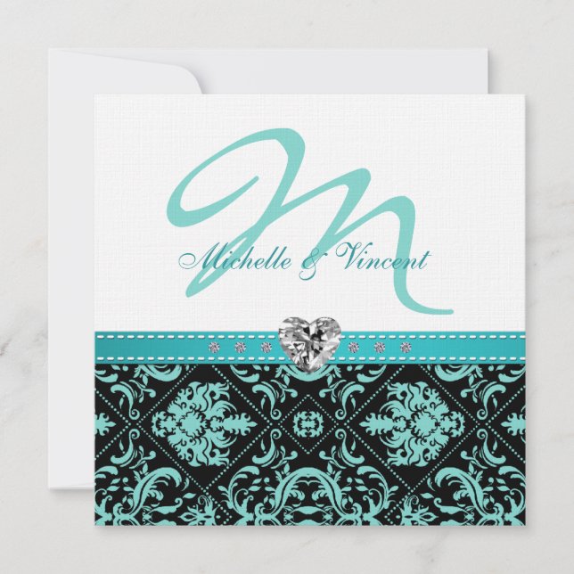 Elegantes Aqua Blue / Black Damask Monogram Invite Einladung (Vorderseite)