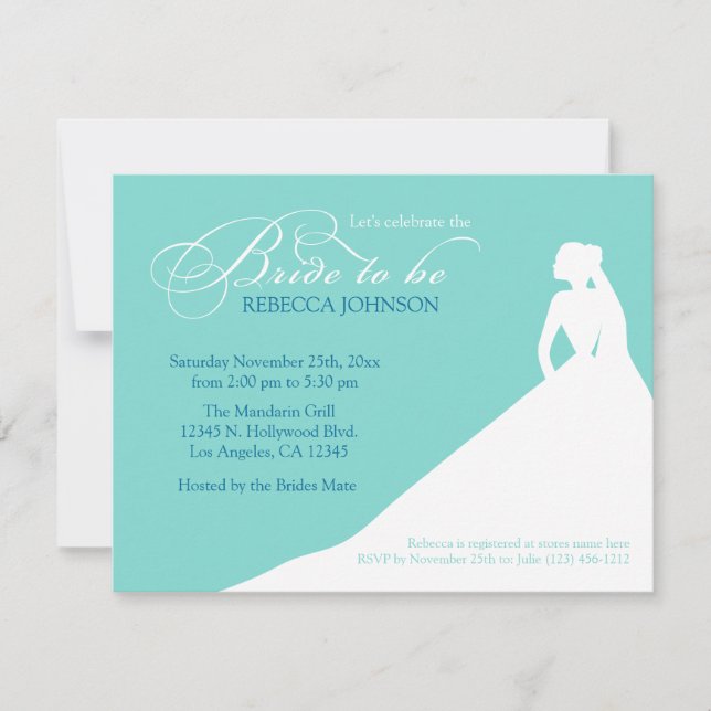 Elegantes Aqua-Blue "Bride to Be" Brautparty Einladung (Vorderseite)