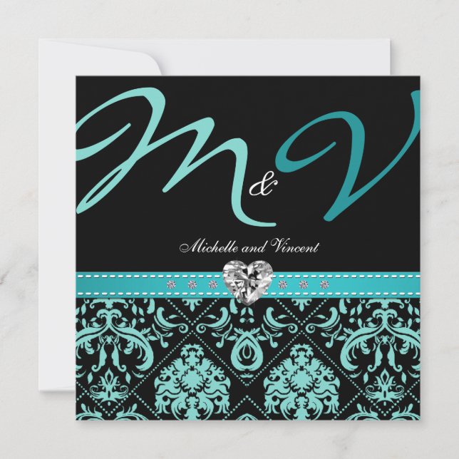 Elegantes Aqua Blue Damask Einladung (Vorderseite)