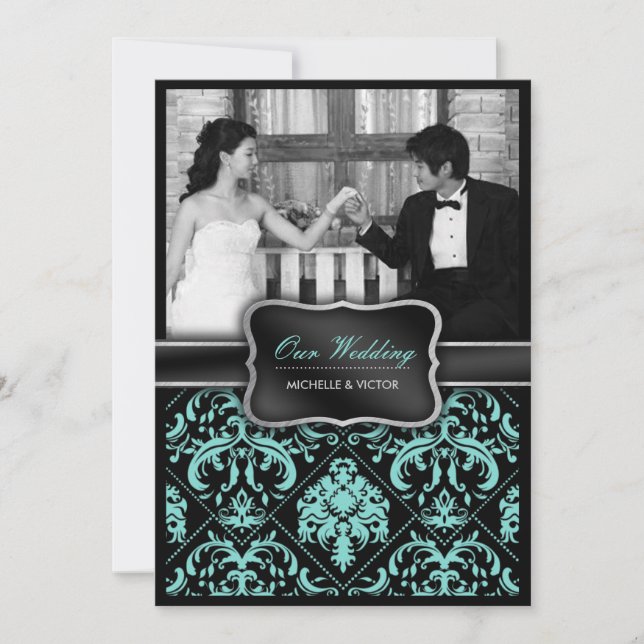Elegantes Aqua Blue und Black Damask Hochzeitshoch Einladung (Vorderseite)