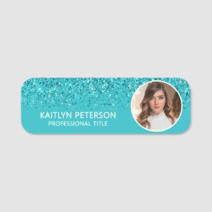 Elegantes Aqua-Glitter-Magnet-Mitarbeiterfoto Namensschild