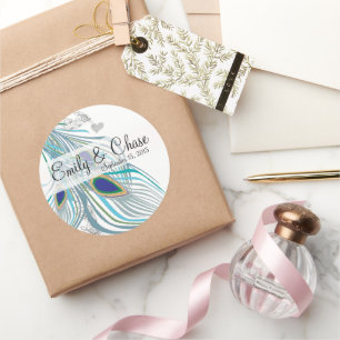 Elegantes Aqua-Grau 3 Pfauenfeder-Hochzeit Runder Aufkleber